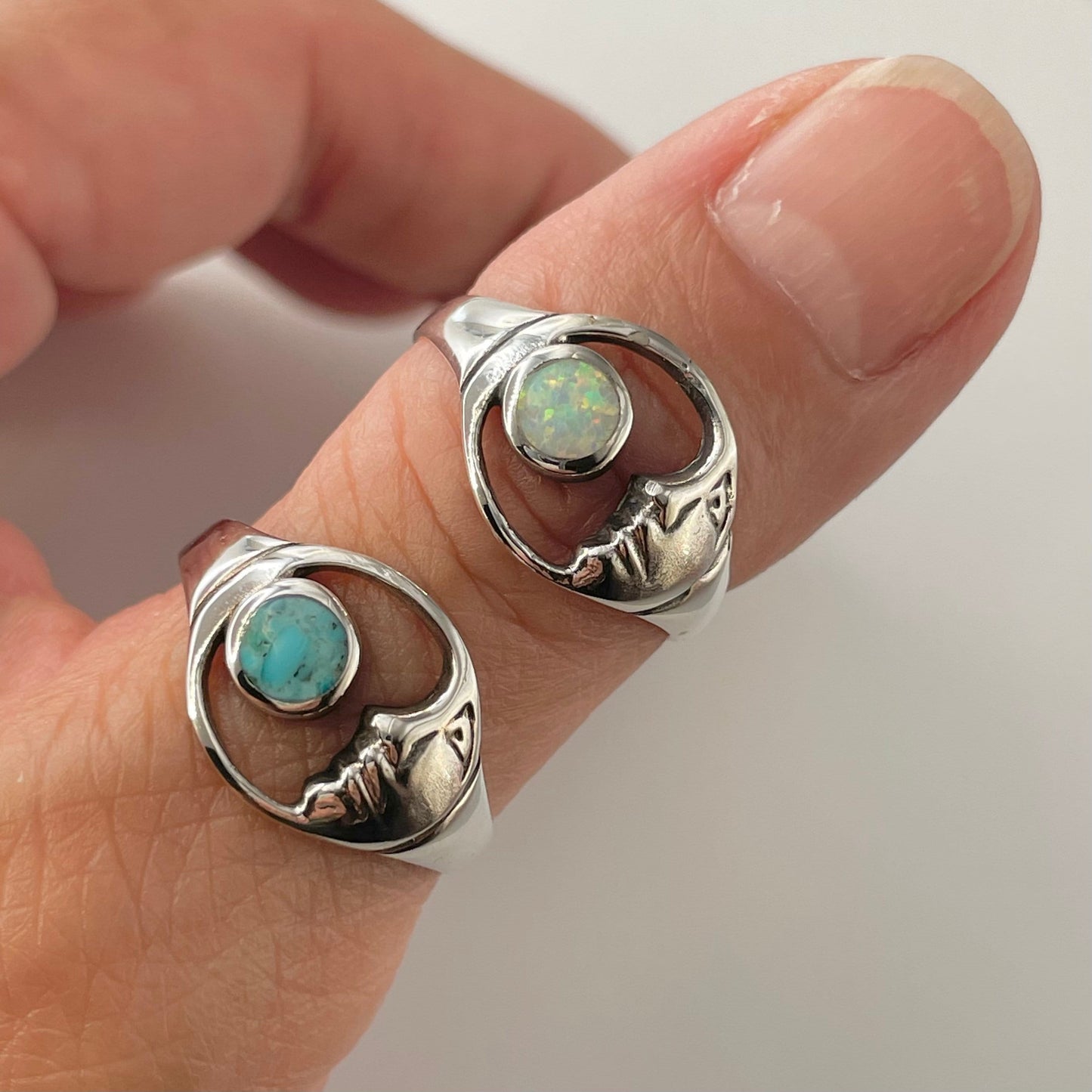 Genuine Turquoise or White Opal Moon Face Sterling Silver Ring, Celestial Ring, Moon Ring, Turquoise Ring, Opal Ring, Crescent Moon Ring