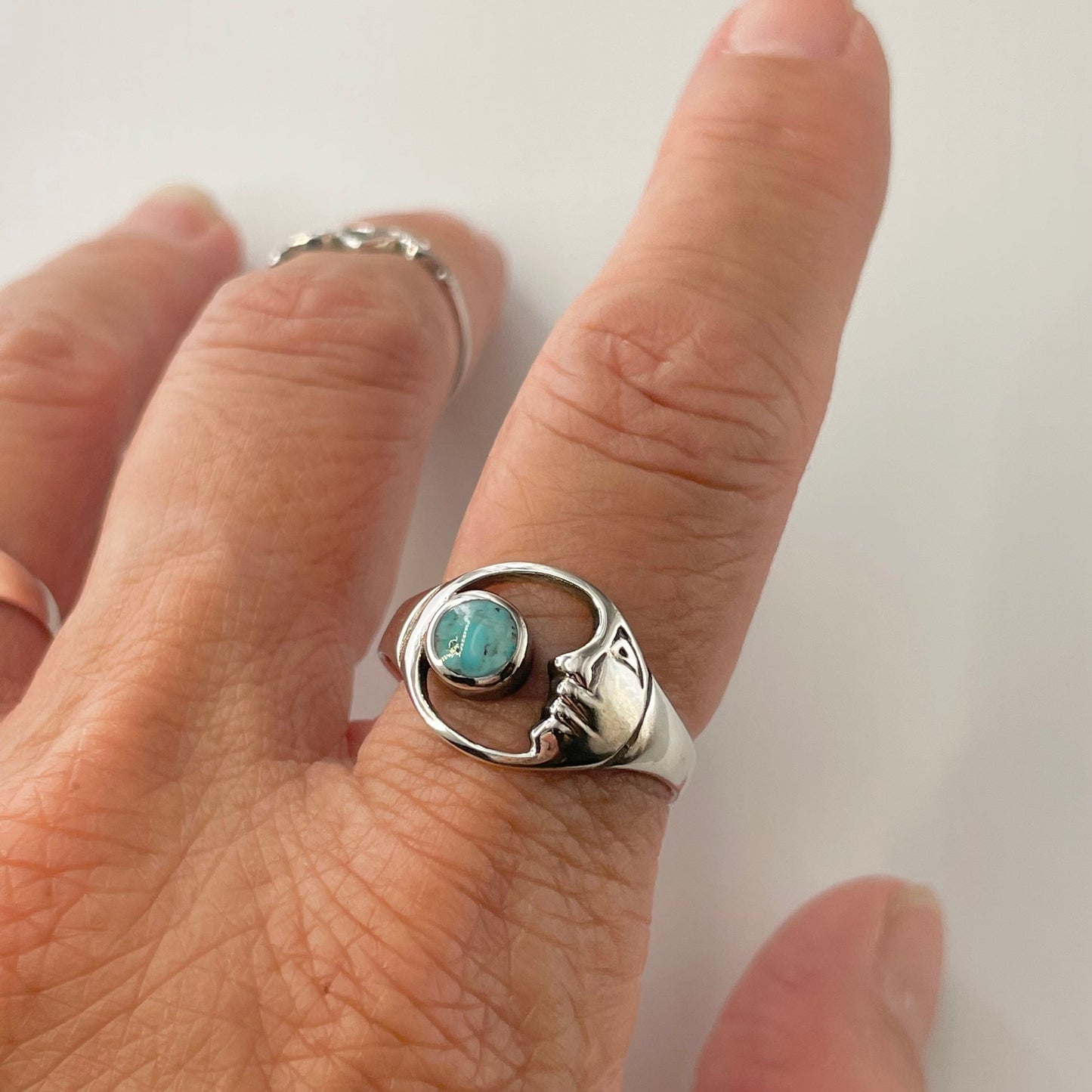 Genuine Turquoise or White Opal Moon Face Sterling Silver Ring, Celestial Ring, Moon Ring, Turquoise Ring, Opal Ring, Crescent Moon Ring