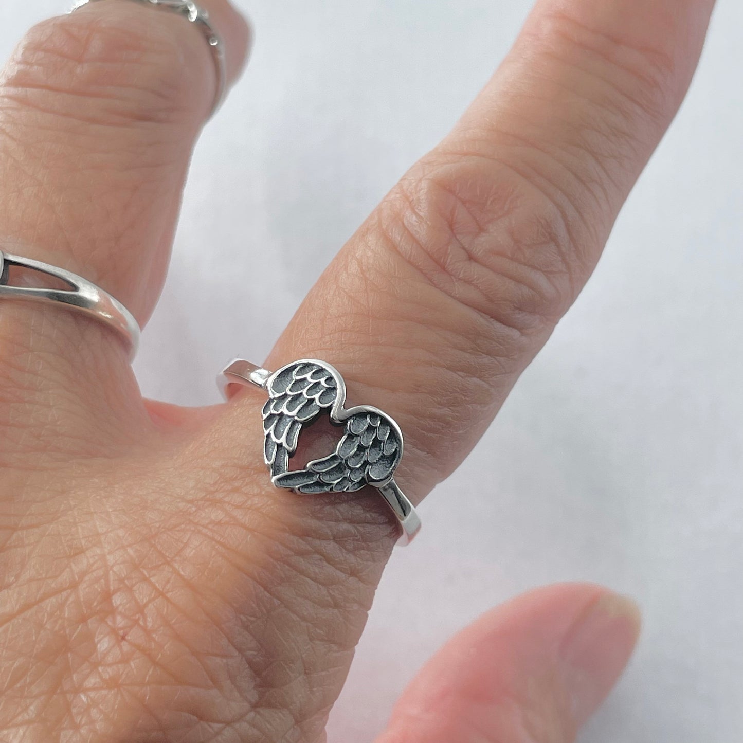 Sterling Silver Angel Wings Heart Ring: Boho Feather Jewelry