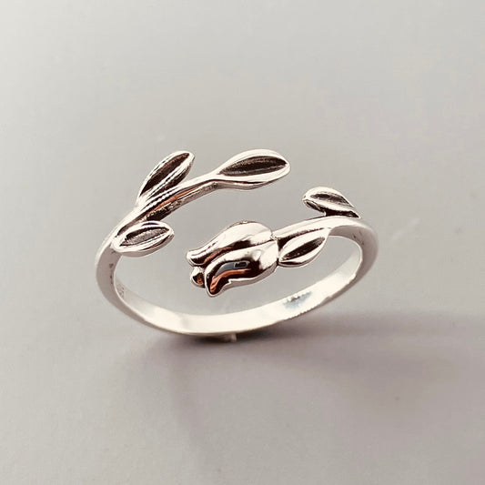 Sterling Silver Tulip Ring: Dainty Floral Band, Oxidized Finish
