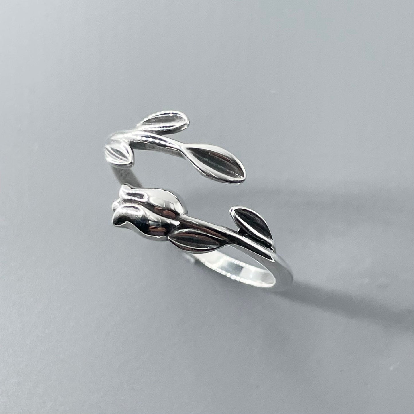 Sterling Silver Tulip Ring: Dainty Floral Band, Oxidized Finish