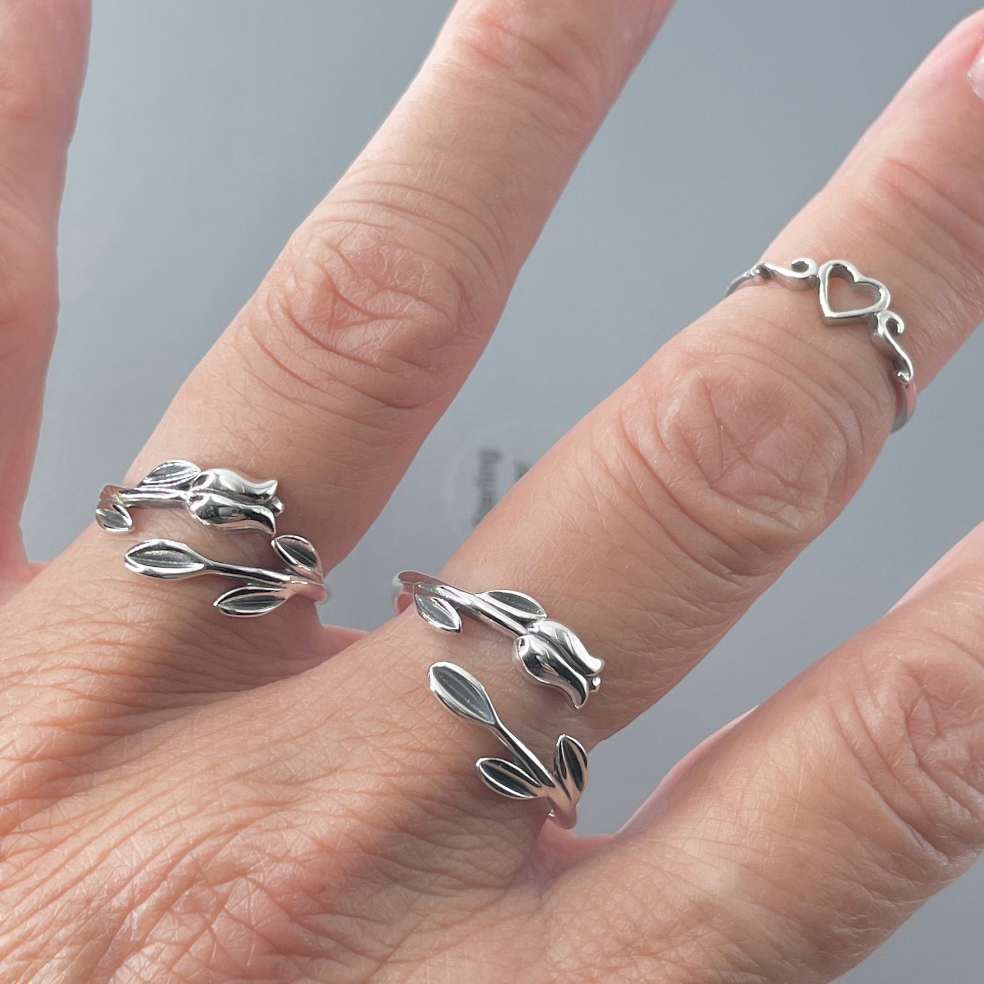 Sterling Silver Tulip Ring: Dainty Floral Band, Oxidized Finish