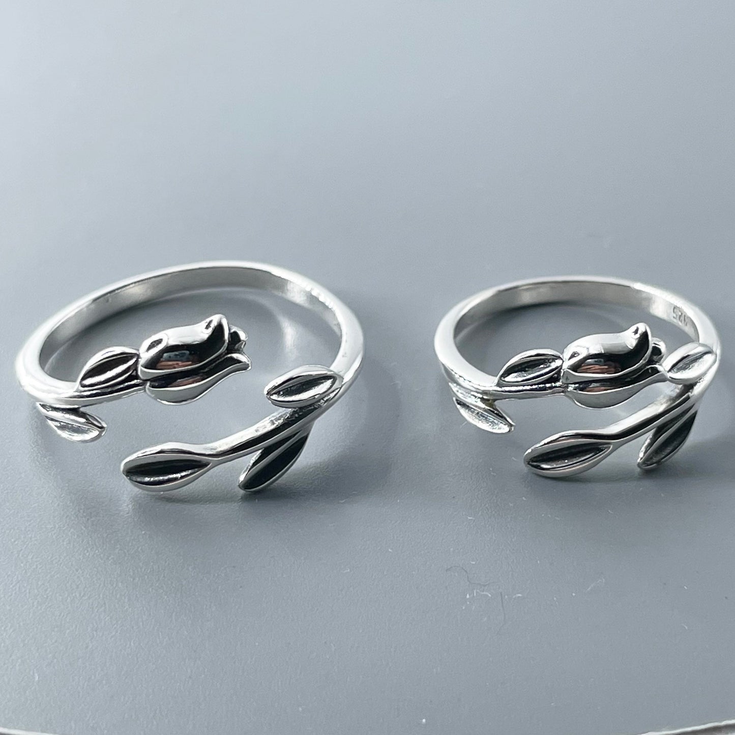Sterling Silver Tulip Ring: Dainty Floral Band, Oxidized Finish