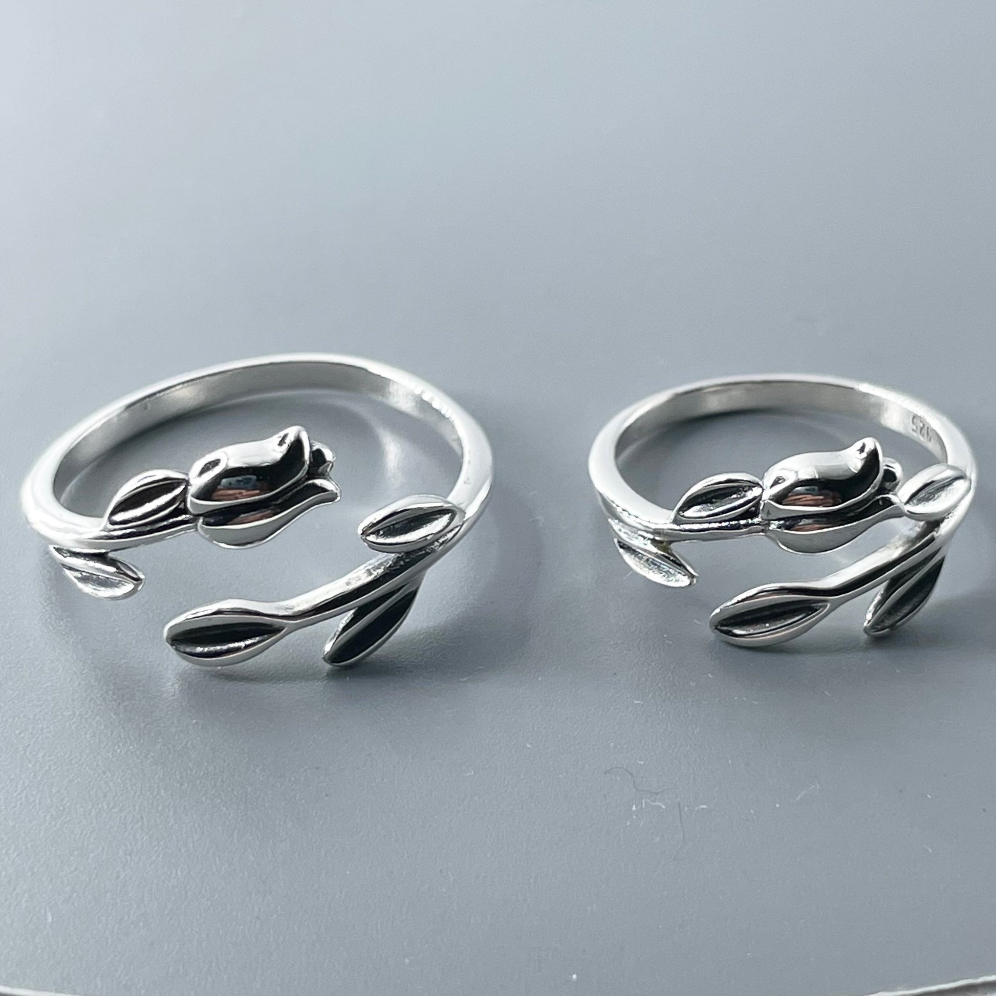 Sterling Silver Tulip Ring: Dainty Floral Band, Oxidized Finish