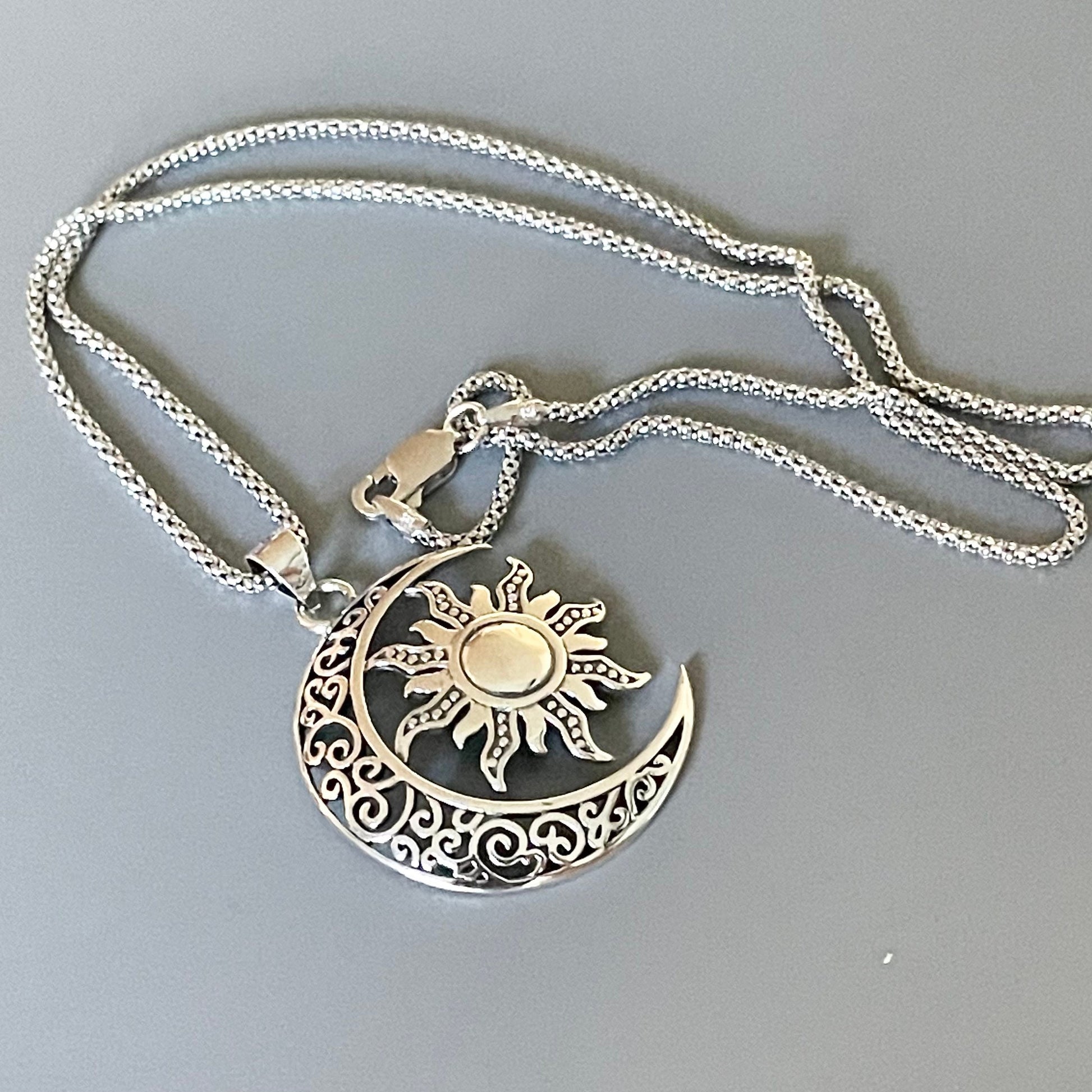 Large Filigree Blazing Sun and Moon Sterling Silver Pendant Necklace, Sun Pendant, Moon Necklace, Crescent Moon Pendant, Silver Necklace.