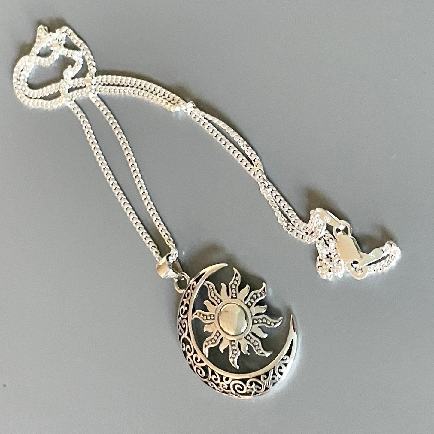 Large Filigree Blazing Sun and Moon Sterling Silver Pendant Necklace, Sun Pendant, Moon Necklace, Crescent Moon Pendant, Silver Necklace.