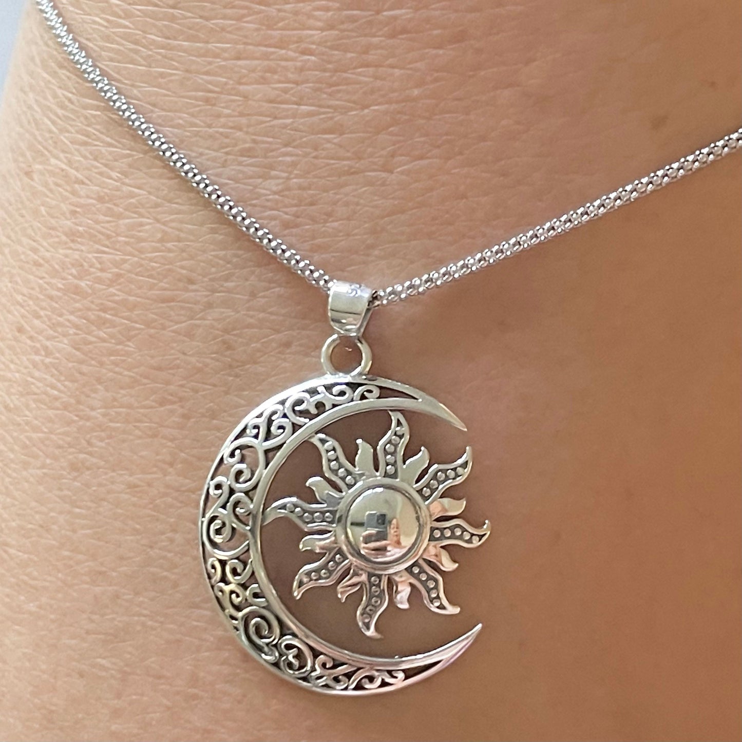 Large Filigree Blazing Sun and Moon Sterling Silver Pendant Necklace, Sun Pendant, Moon Necklace, Crescent Moon Pendant, Silver Necklace.