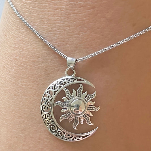 Filigree Sun and Moon Sterling Silver Pendant Necklace
