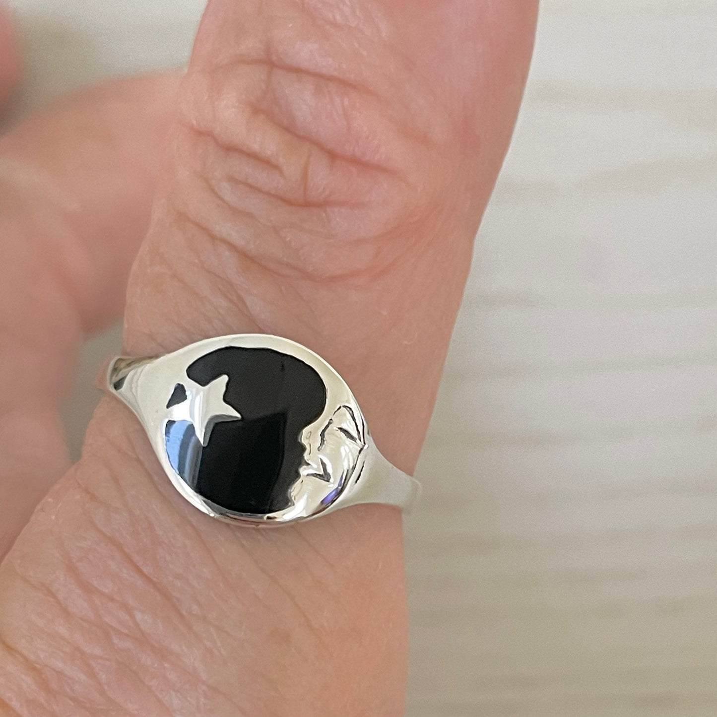 Black Agate Sterling Silver Ring: Moon Face Star Celestial Jewelry