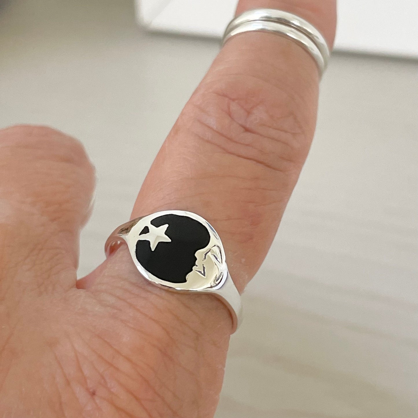 Black Agate Sterling Silver Ring: Moon Face Star Celestial Jewelry
