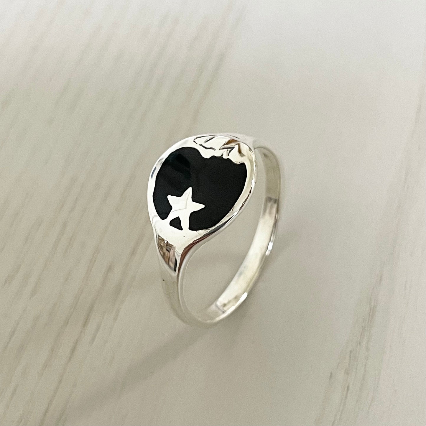 Moon Face with Star Black Agate Sterling Silver Ring, Celestial Ring, Moon Ring, Onyx Ring, Star Ring, Silver Star Ring, Crescent Moon Ring