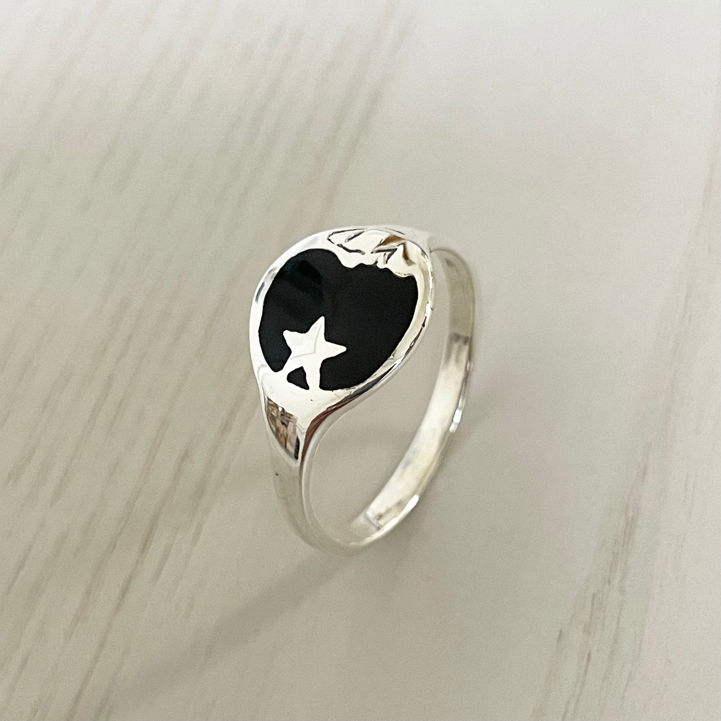 Black Agate Sterling Silver Ring: Moon Face Star Celestial Jewelry