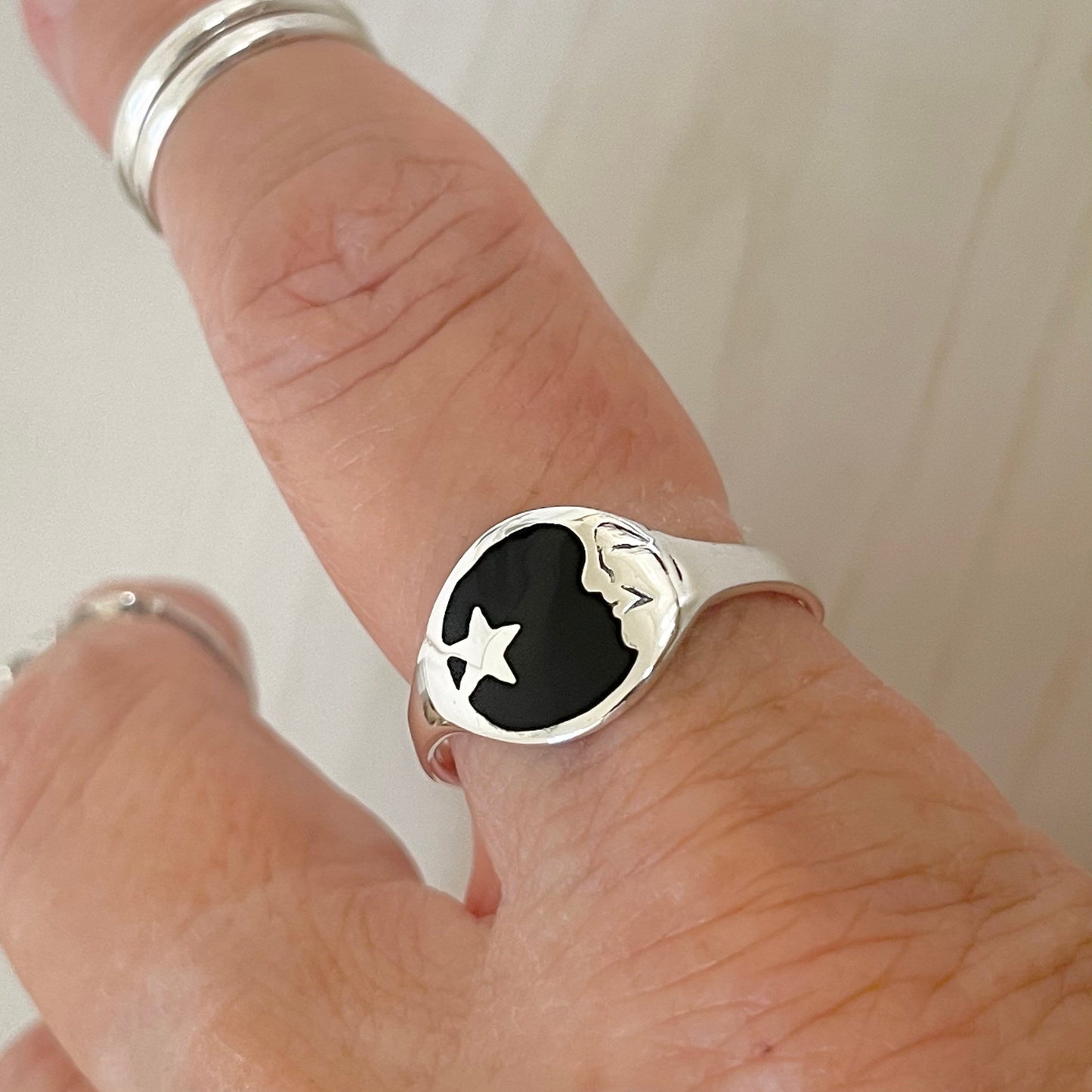 Moon Face with Star Black Agate Sterling Silver Ring, Celestial Ring, Moon Ring, Onyx Ring, Star Ring, Silver Star Ring, Crescent Moon Ring