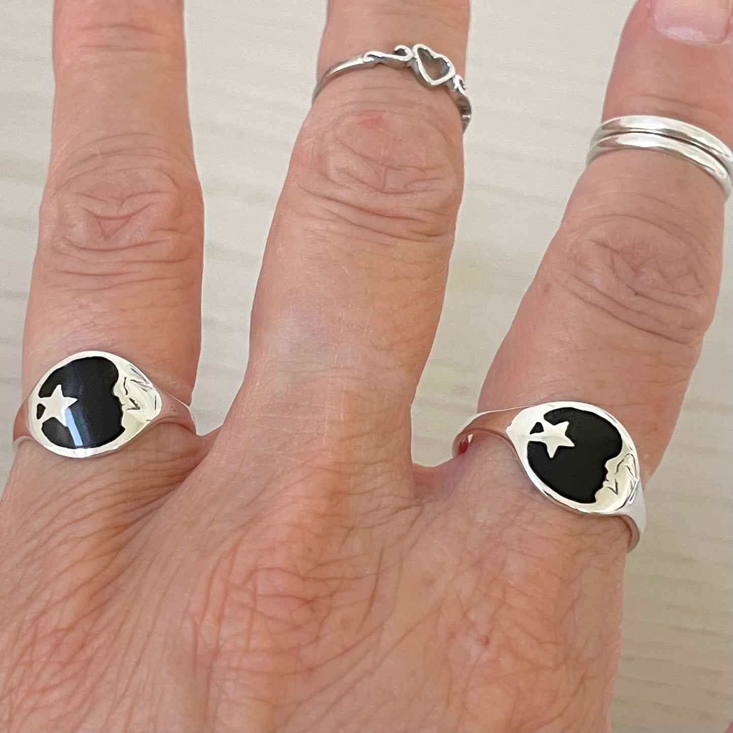 Moon Face with Star Black Agate Sterling Silver Ring, Celestial Ring, Moon Ring, Onyx Ring, Star Ring, Silver Star Ring, Crescent Moon Ring