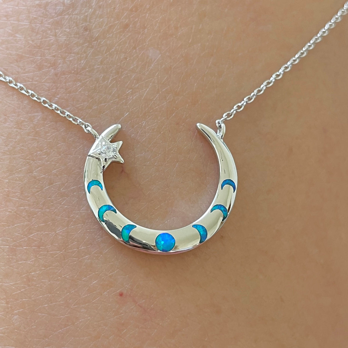 Sterling Silver Moon Phases Necklace: Lab Opal Crescent Moon Pendant