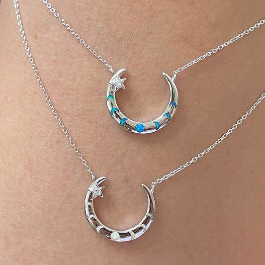 Sterling Silver Moon Phases Necklace: Lab Opal Crescent Moon Pendant