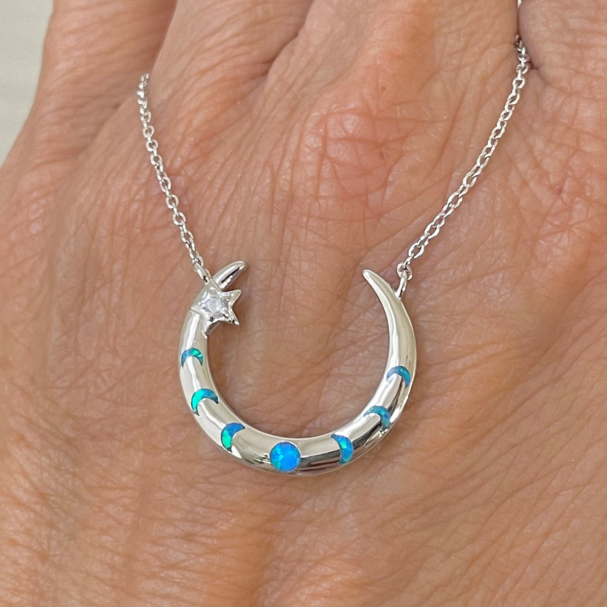 Sterling Silver Moon Phases Necklace: Lab Opal Crescent Moon Pendant