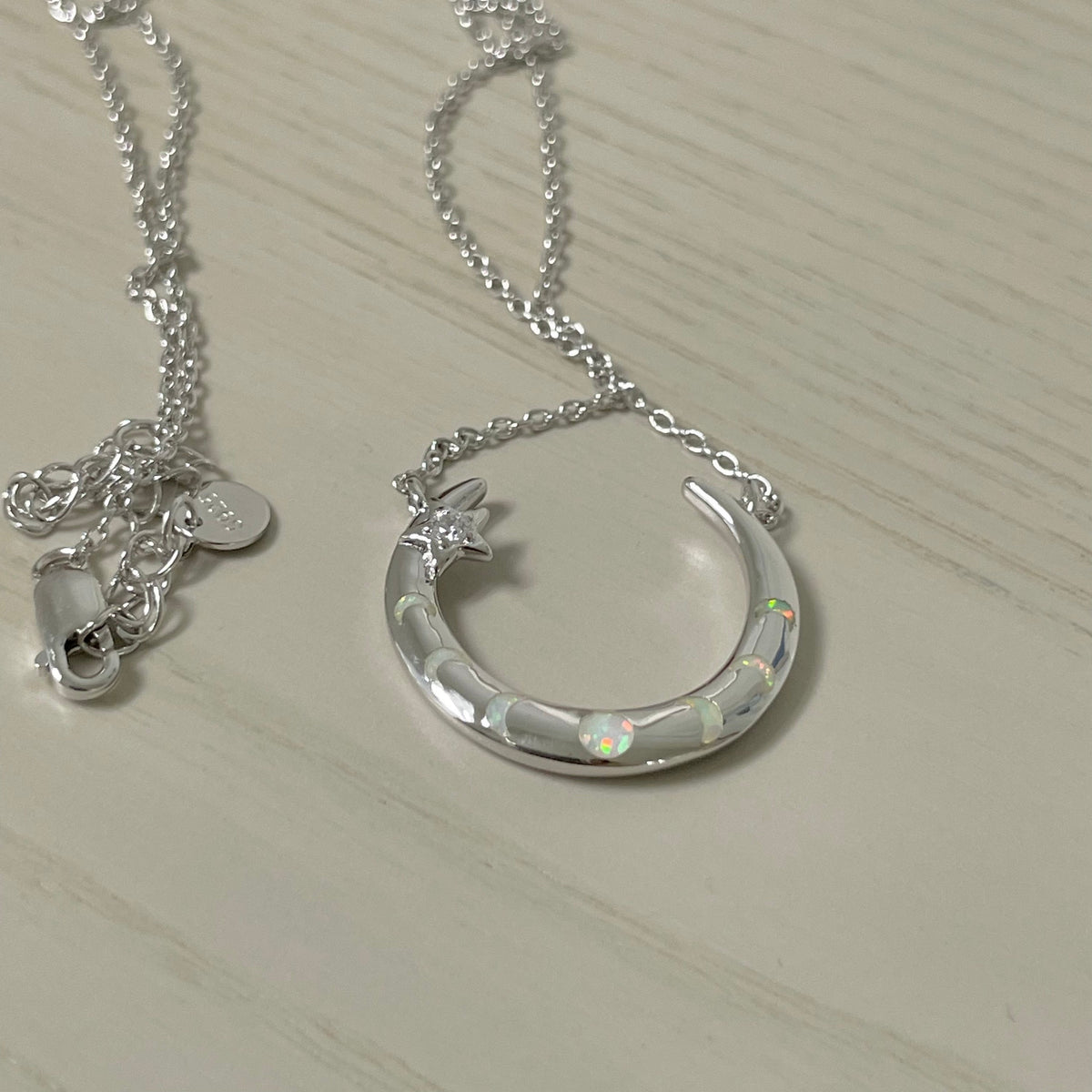 Sterling Silver Moon Phases Necklace: Lab Opal Crescent Moon Pendant