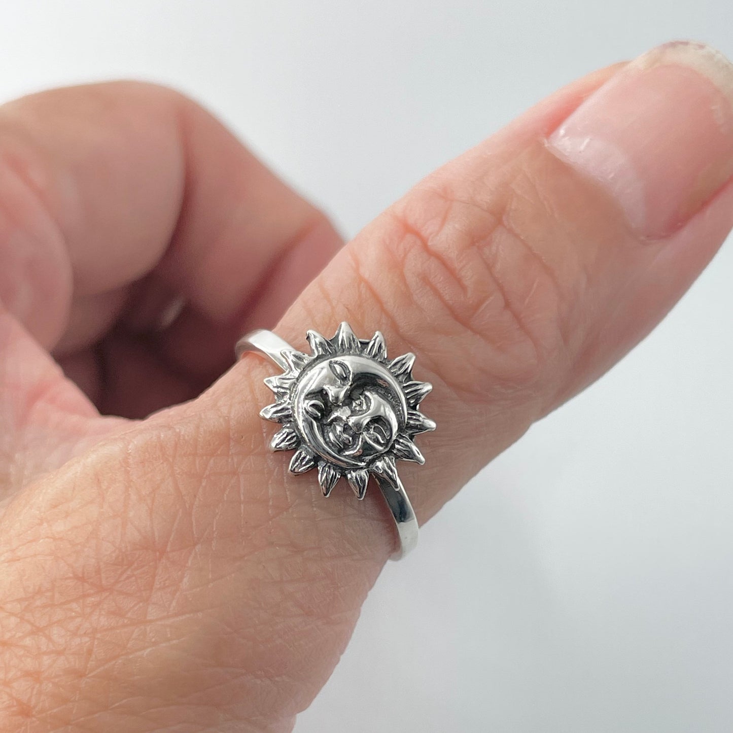 Sterling Silver Sun and Moon Ring, Silver Moon Ring, Silver Sun Ring, Sun Promise Ring, Moon Love Ring, Silver Sunshine Ring, Sun Face Ring,