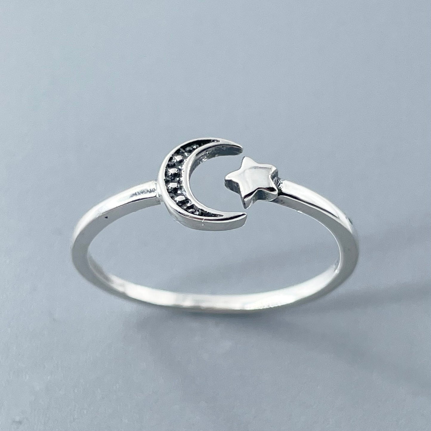 Sterling Silver Star and Moon Ring: Oxidized Celestial Toe Ring