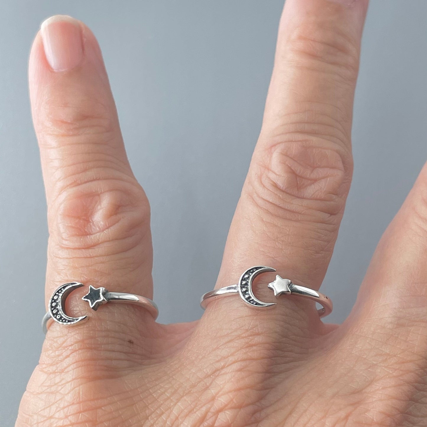 Sterling Silver Star and Moon Ring: Oxidized Celestial Toe Ring