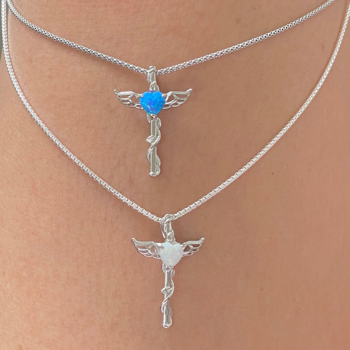 Sterling Silver Opal Heart Angel Wing Cross Necklace