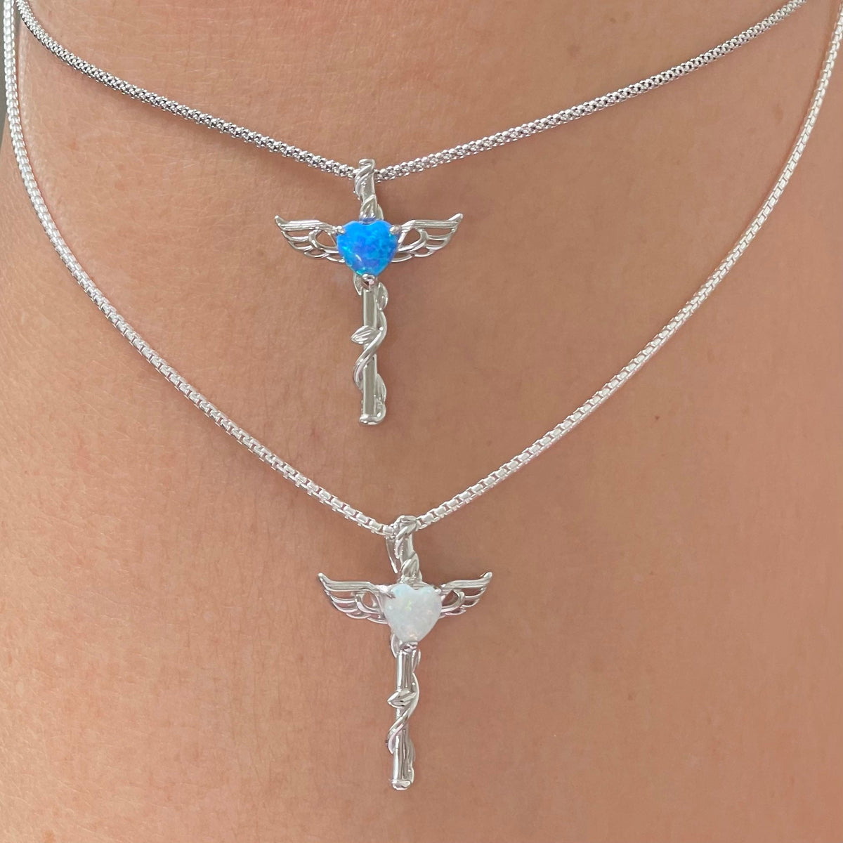 Sterling Silver Opal Heart Angel Wing Cross Necklace