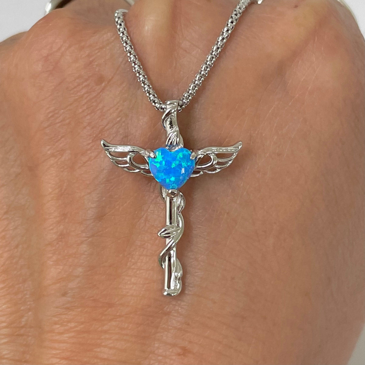 Sterling Silver Opal Heart Angel Wing Cross Necklace