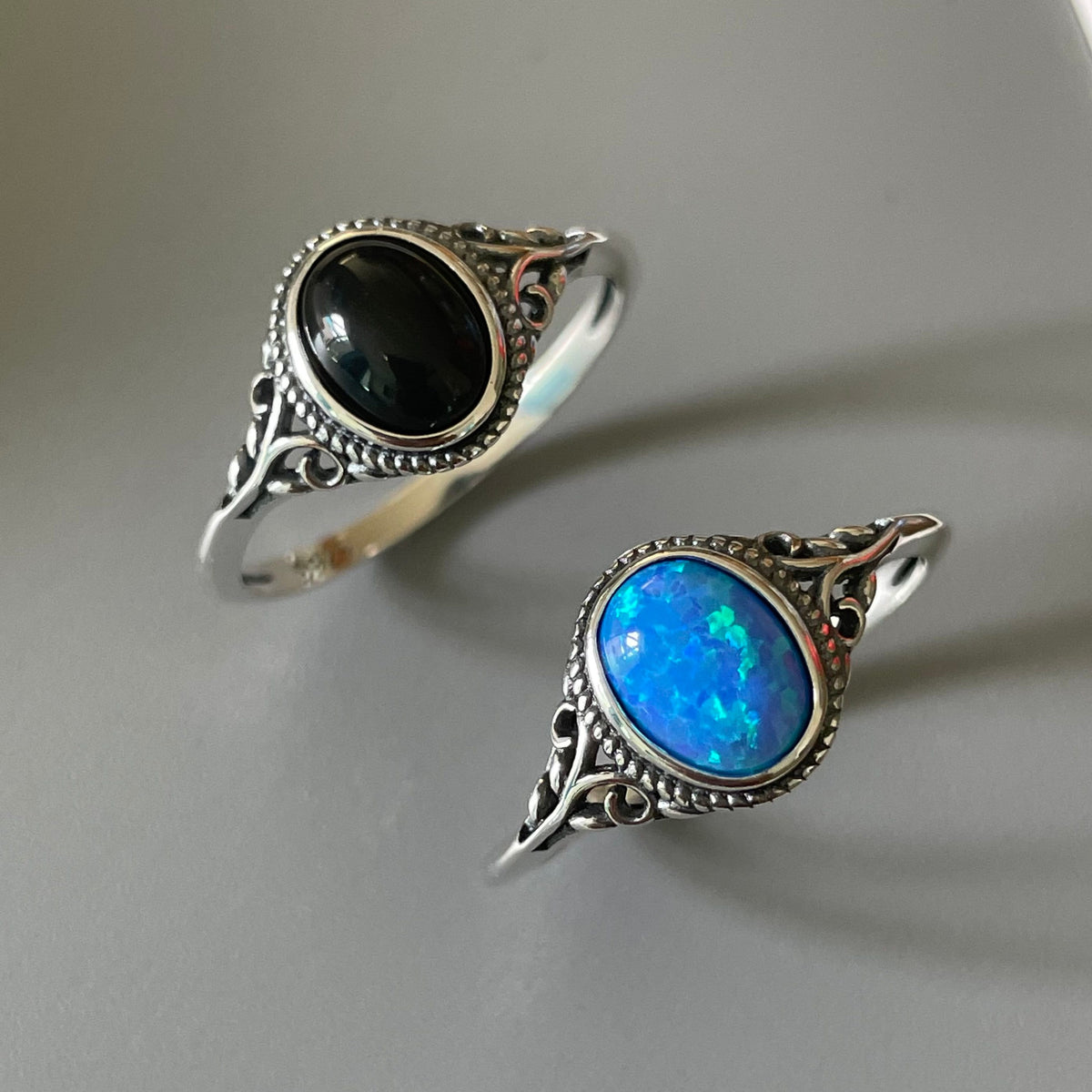 Sterling Silver Filigree Ring: Vintage Black Agate or Blue Opal