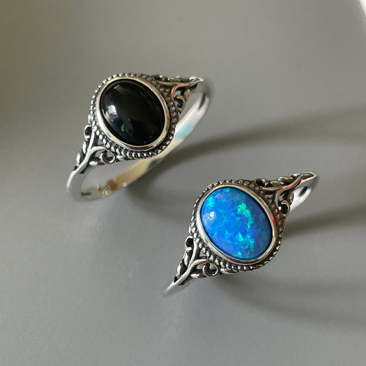Sterling Silver Filigree Ring: Vintage Black Agate or Blue Opal