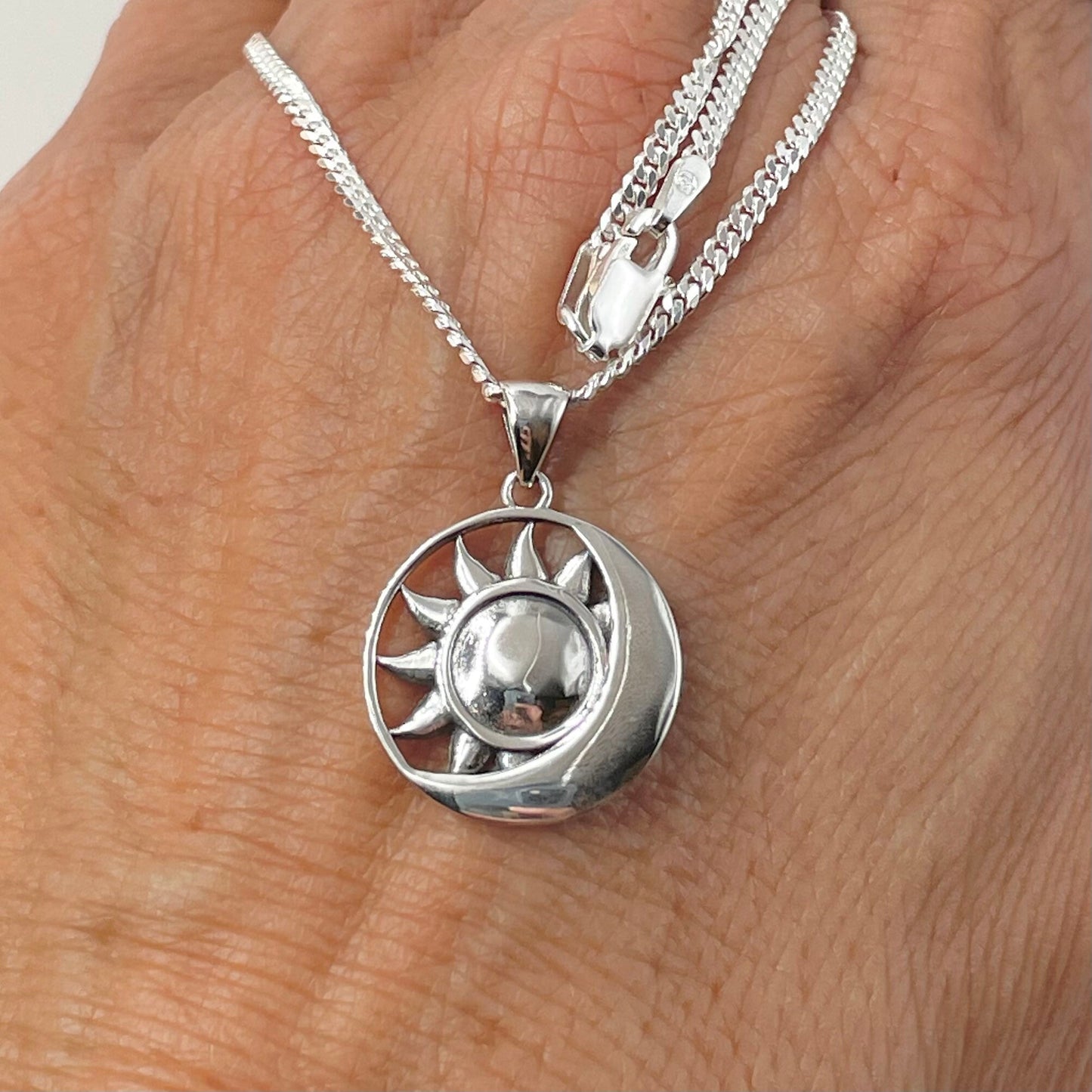 Sterling Silver Sun and Moon Necklace: Celestial Pendant