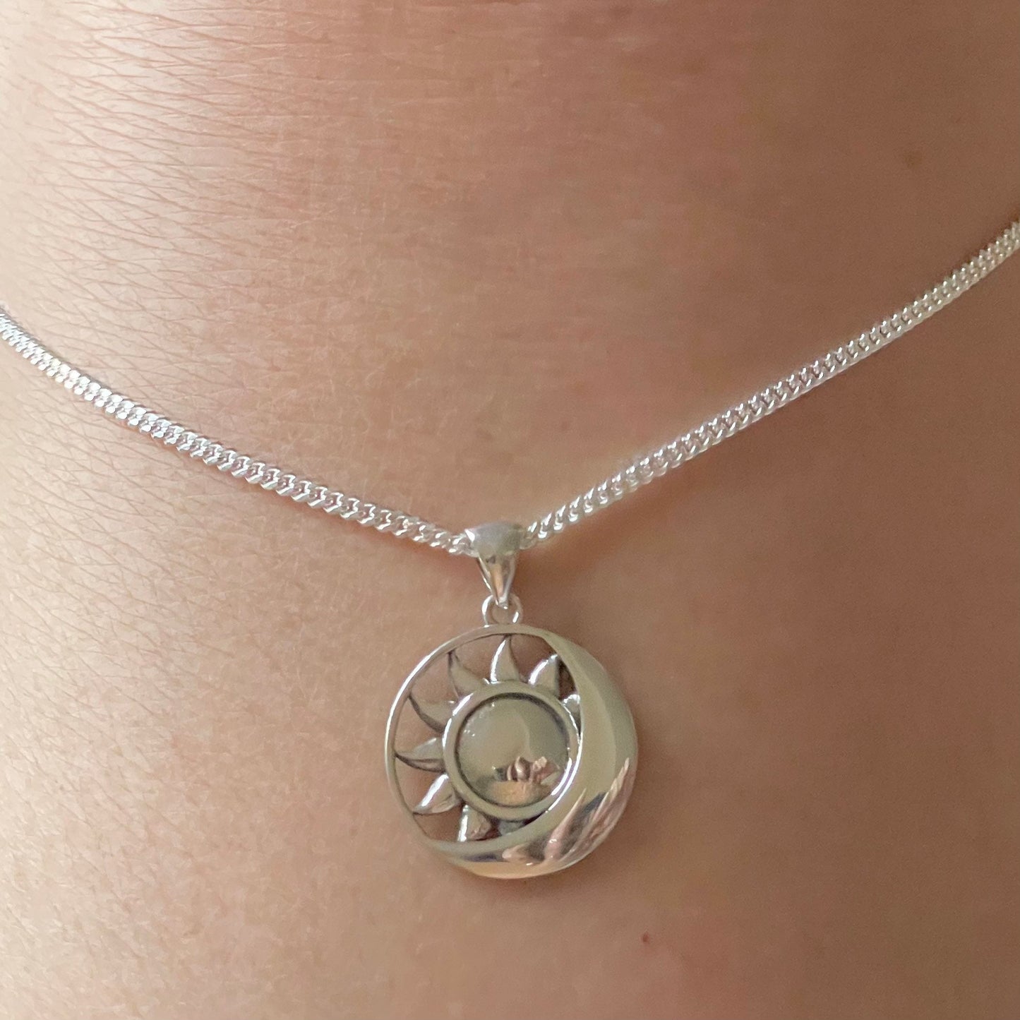 Sterling Silver Sun and Moon Necklace: Celestial Pendant