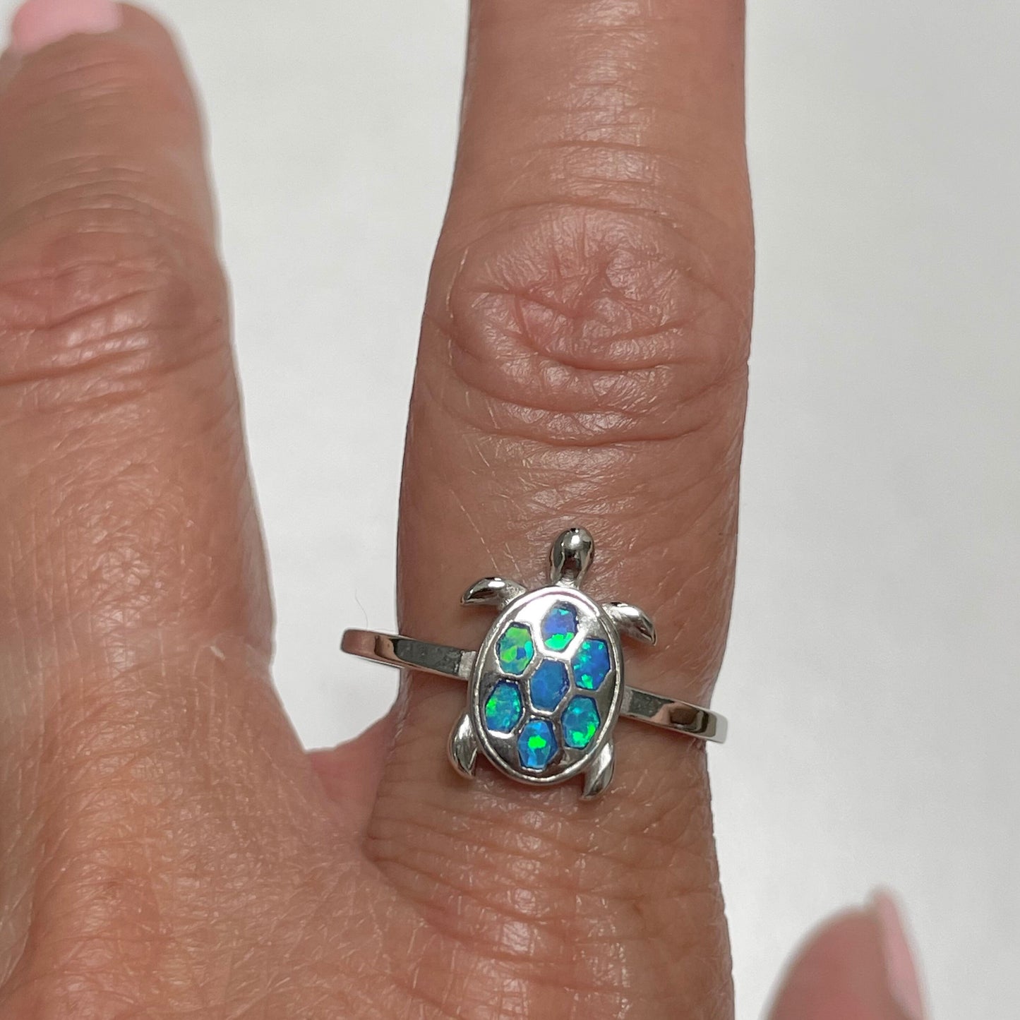 Sterling Silver Turtle Ring: White or Blue Lab Opal, Ocean Jewelry