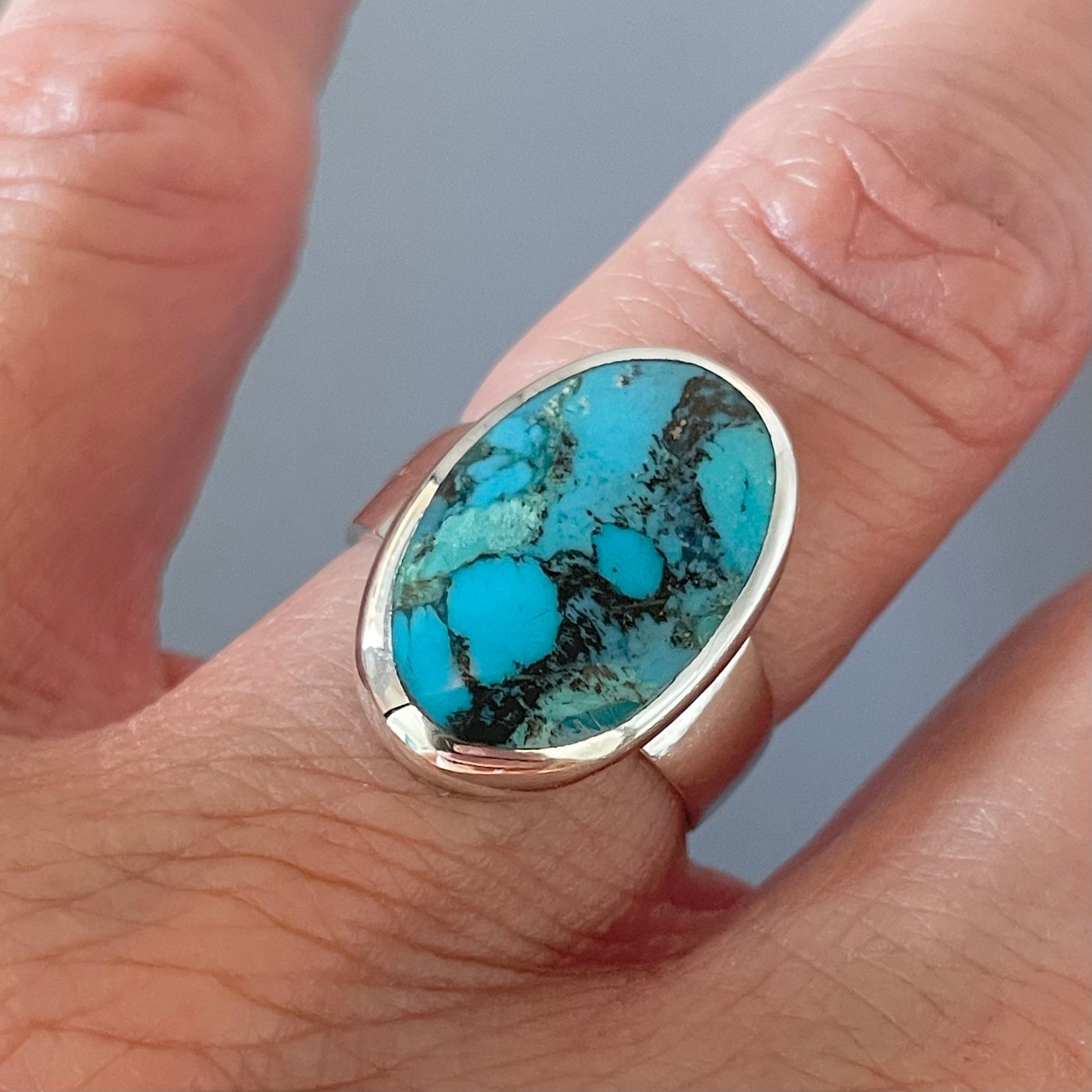 Medium Oval Genuine Turquoise Sterling Silver Ring: Boho Promise Ring