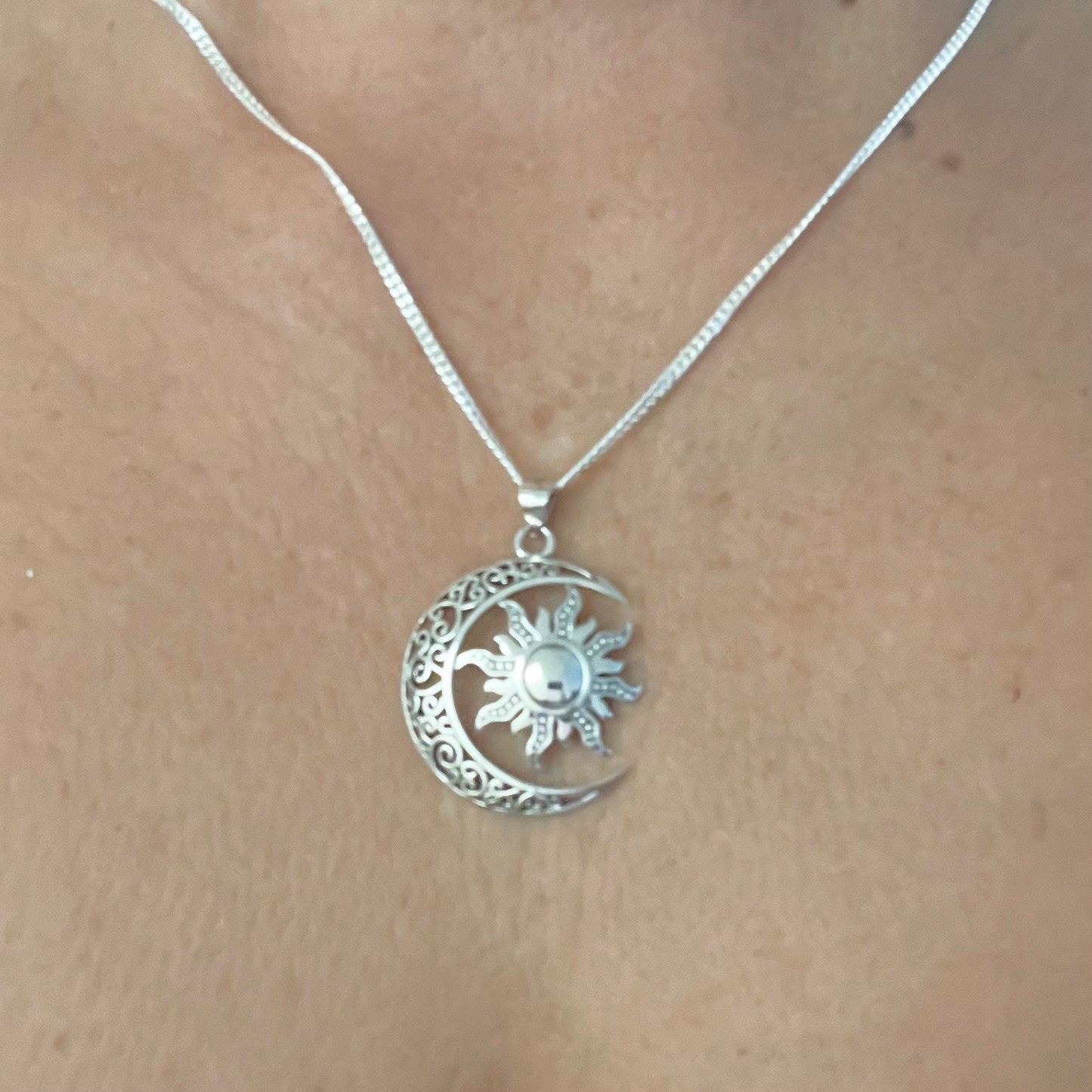 Filigree Sun and Moon Sterling Silver Pendant Necklace