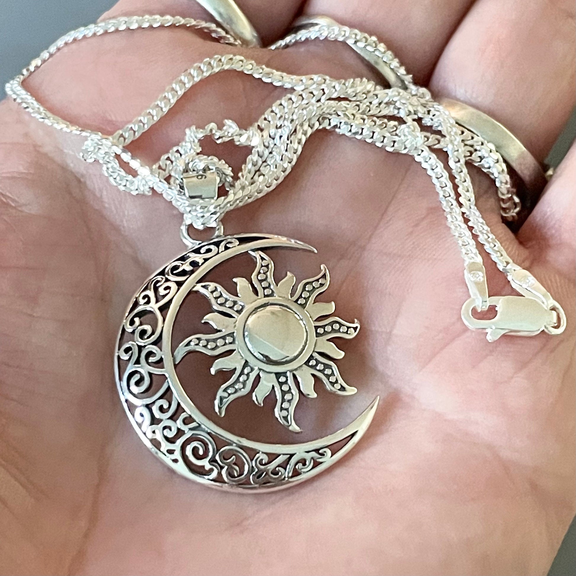 Large Filigree Blazing Sun and Moon Sterling Silver Pendant Necklace, Sun Pendant, Moon Necklace, Crescent Moon Pendant, Silver Necklace.