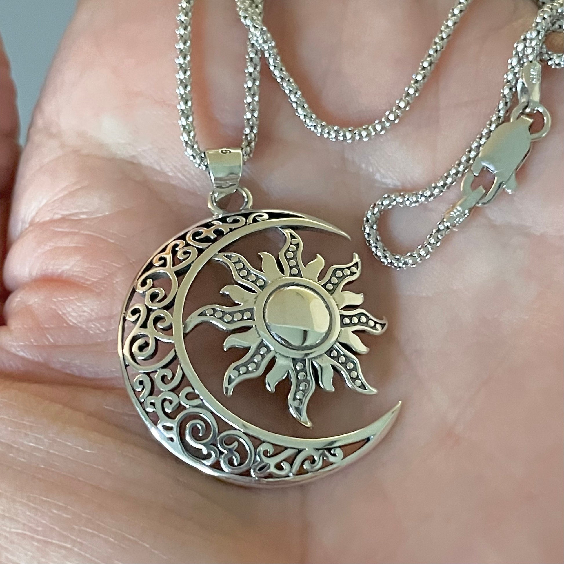 Large Filigree Blazing Sun and Moon Sterling Silver Pendant Necklace, Sun Pendant, Moon Necklace, Crescent Moon Pendant, Silver Necklace.