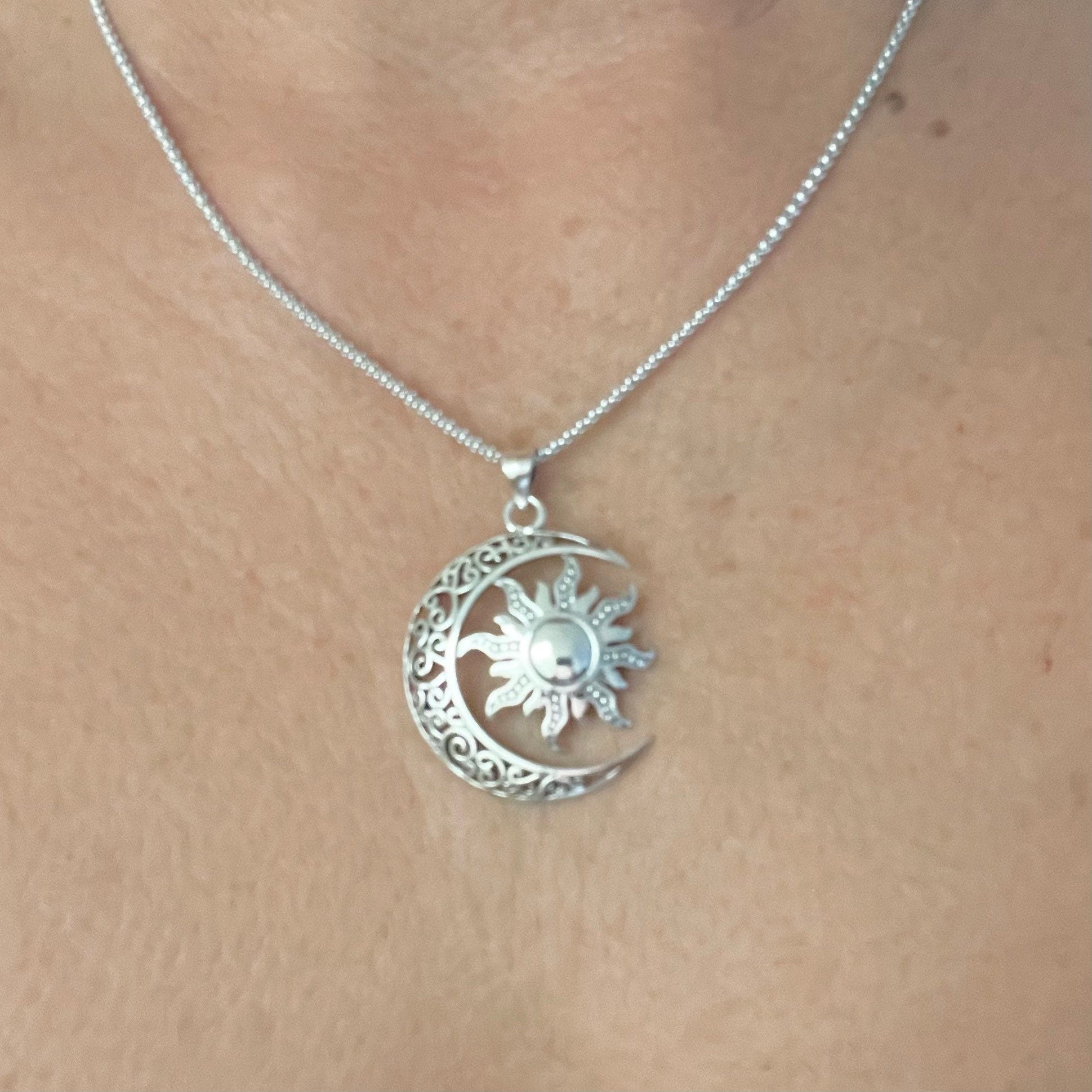 Large Filigree Blazing Sun and Moon Sterling Silver Pendant Necklace, Sun Pendant, Moon Necklace, Crescent Moon Pendant, Silver Necklace.