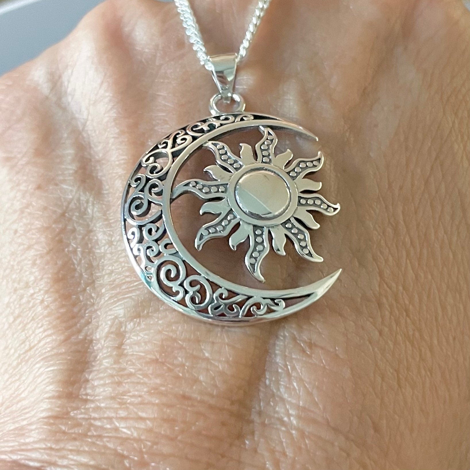 Large Filigree Blazing Sun and Moon Sterling Silver Pendant Necklace, Sun Pendant, Moon Necklace, Crescent Moon Pendant, Silver Necklace.