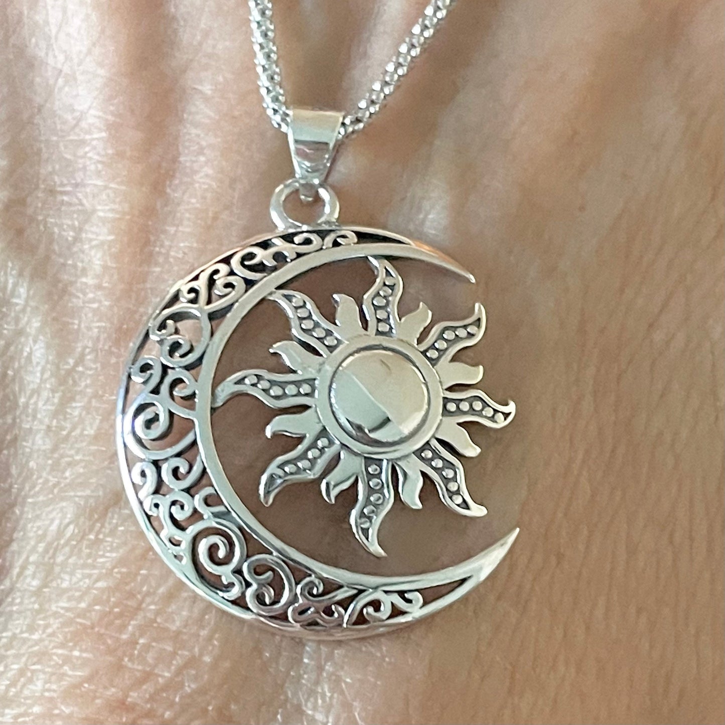 Large Filigree Blazing Sun and Moon Sterling Silver Pendant Necklace, Sun Pendant, Moon Necklace, Crescent Moon Pendant, Silver Necklace.