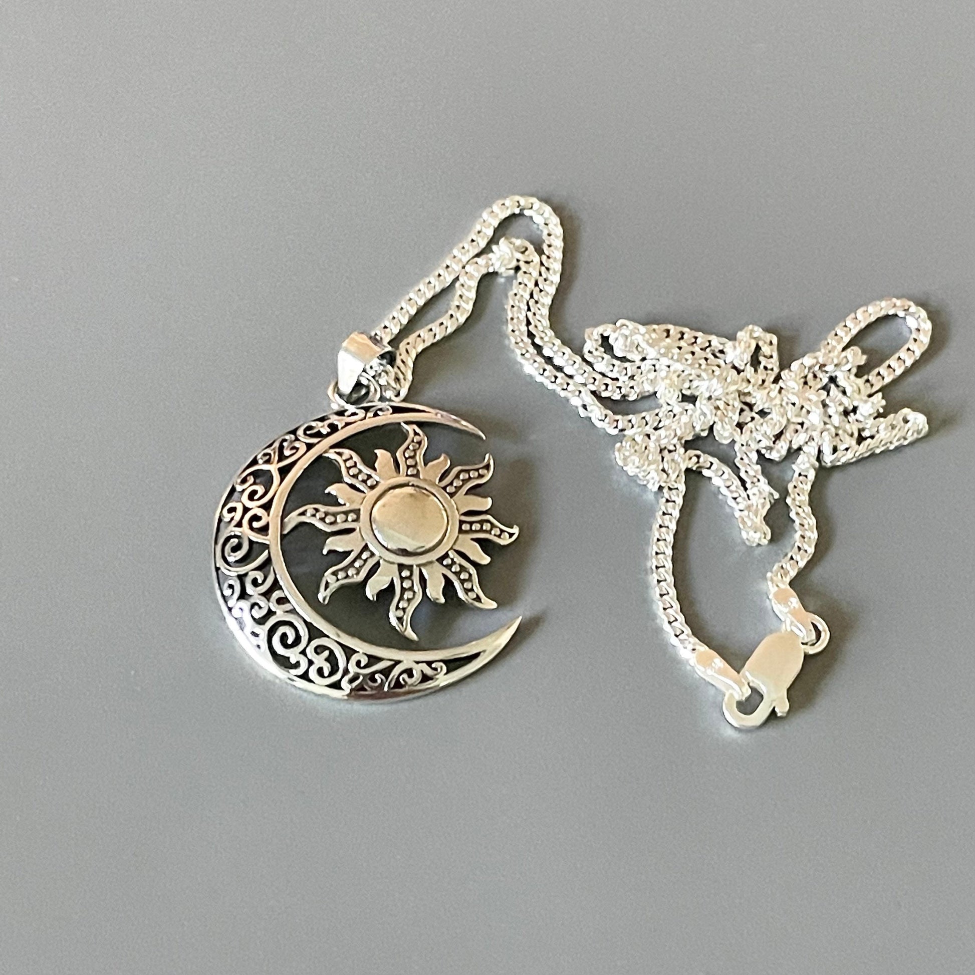 Large Filigree Blazing Sun and Moon Sterling Silver Pendant Necklace, Sun Pendant, Moon Necklace, Crescent Moon Pendant, Silver Necklace.