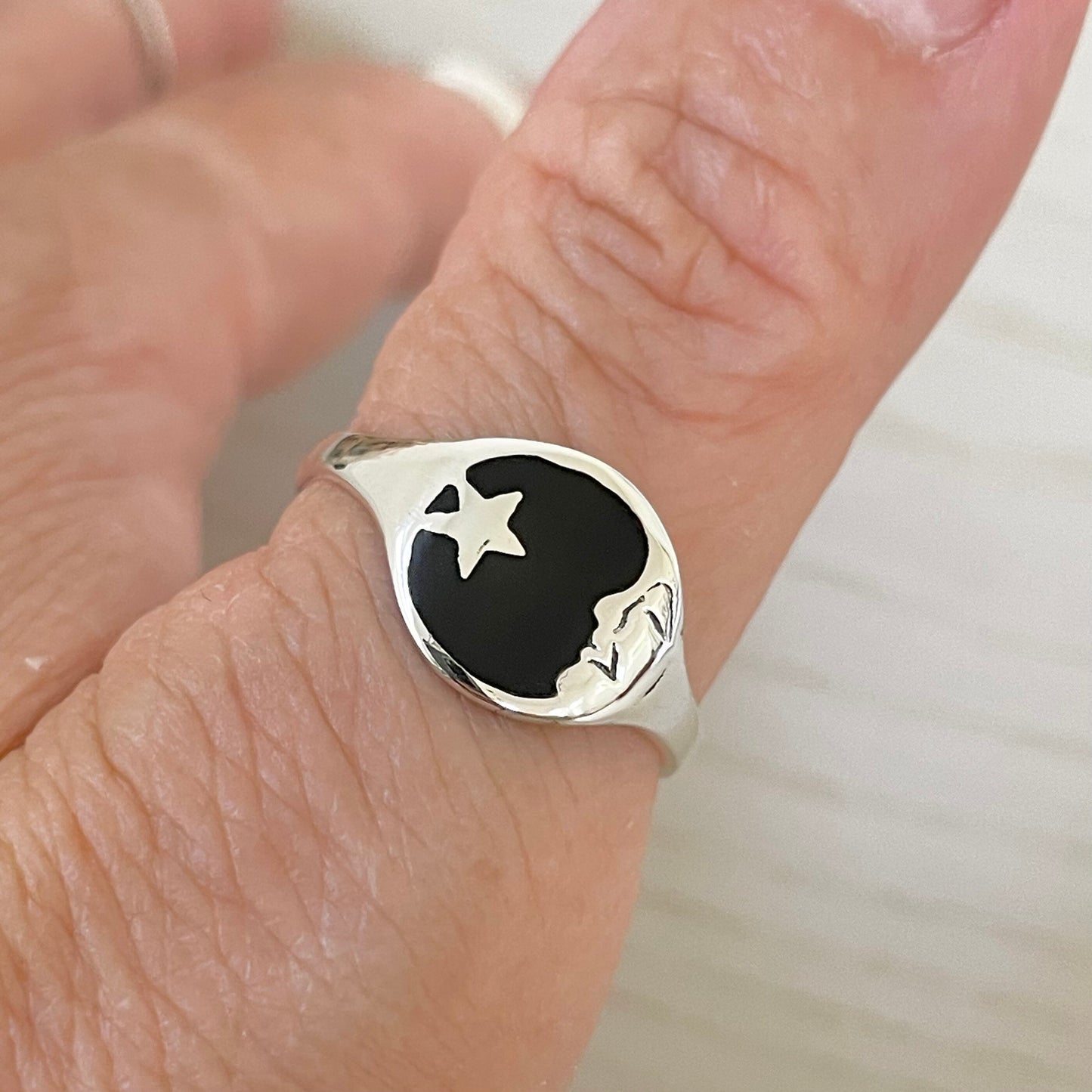 Moon Face with Star Black Agate Sterling Silver Ring, Celestial Ring, Moon Ring, Onyx Ring, Star Ring, Silver Star Ring, Crescent Moon Ring