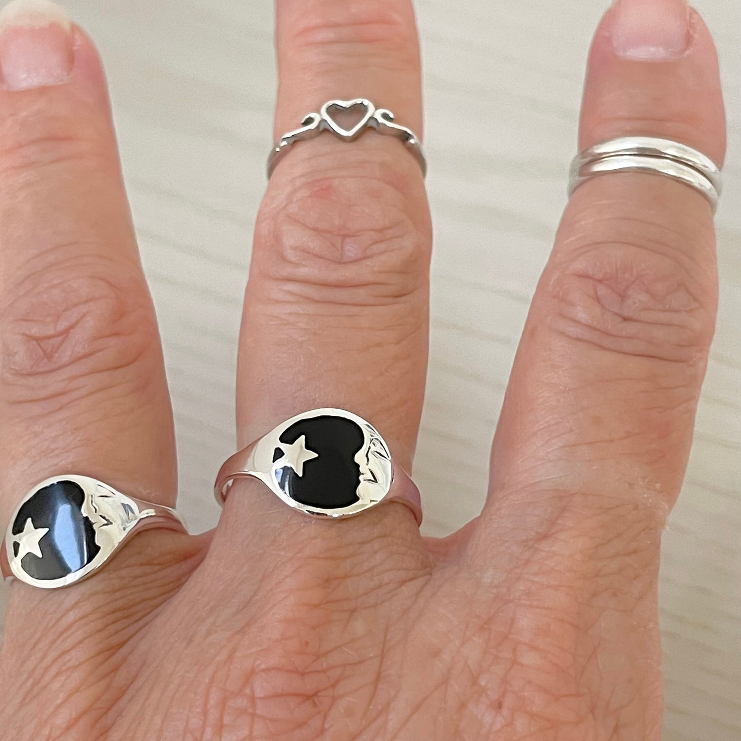 Moon Face with Star Black Agate Sterling Silver Ring, Celestial Ring, Moon Ring, Onyx Ring, Star Ring, Silver Star Ring, Crescent Moon Ring