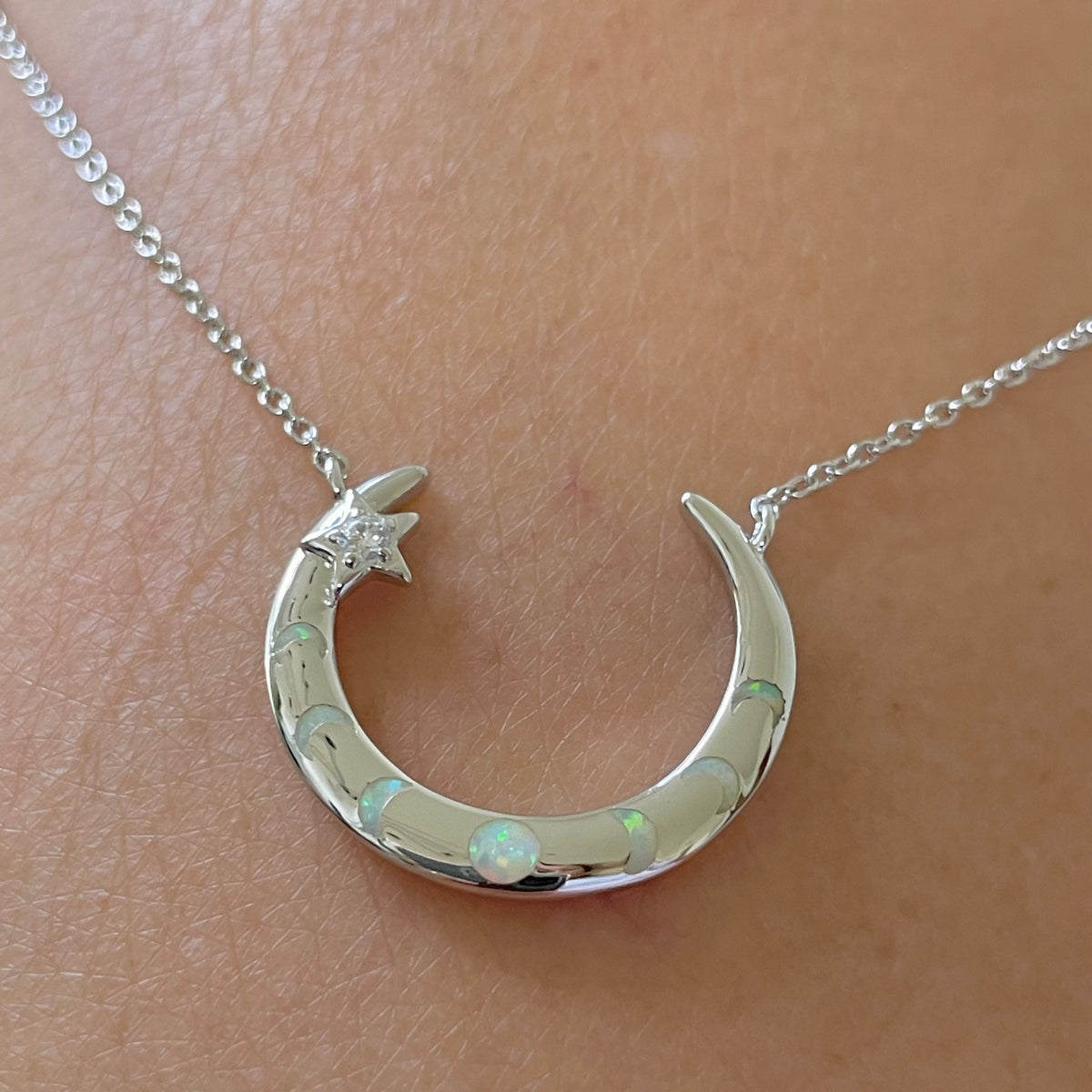 Sterling Silver Moon Phases Necklace: Lab Opal Crescent Moon Pendant