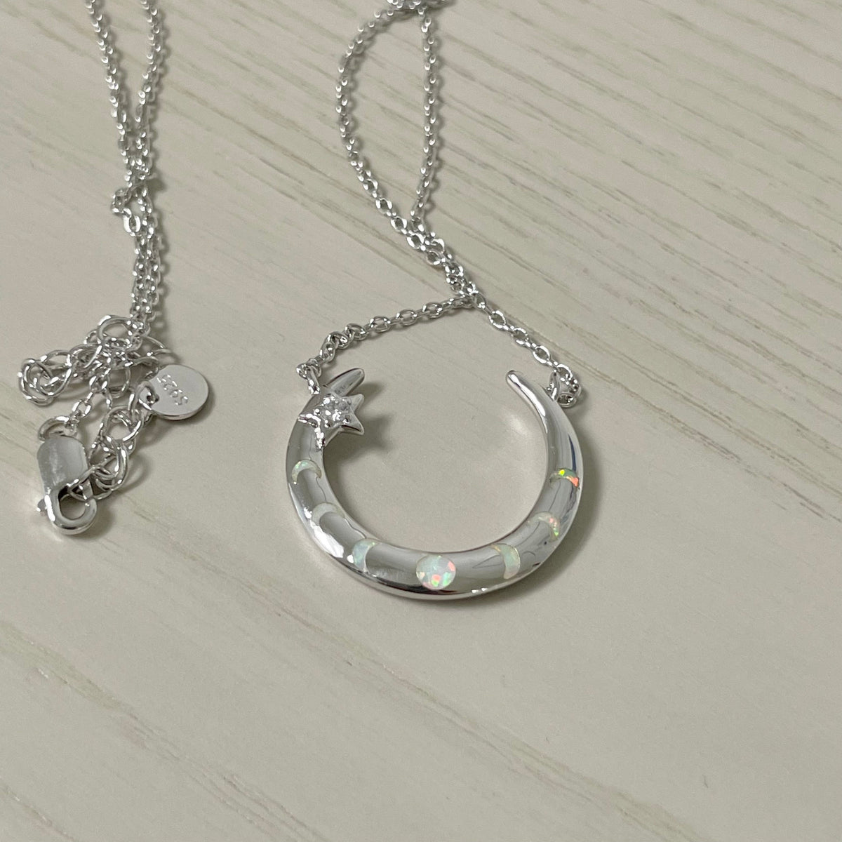 Sterling Silver Moon Phases Necklace: Lab Opal Crescent Moon Pendant