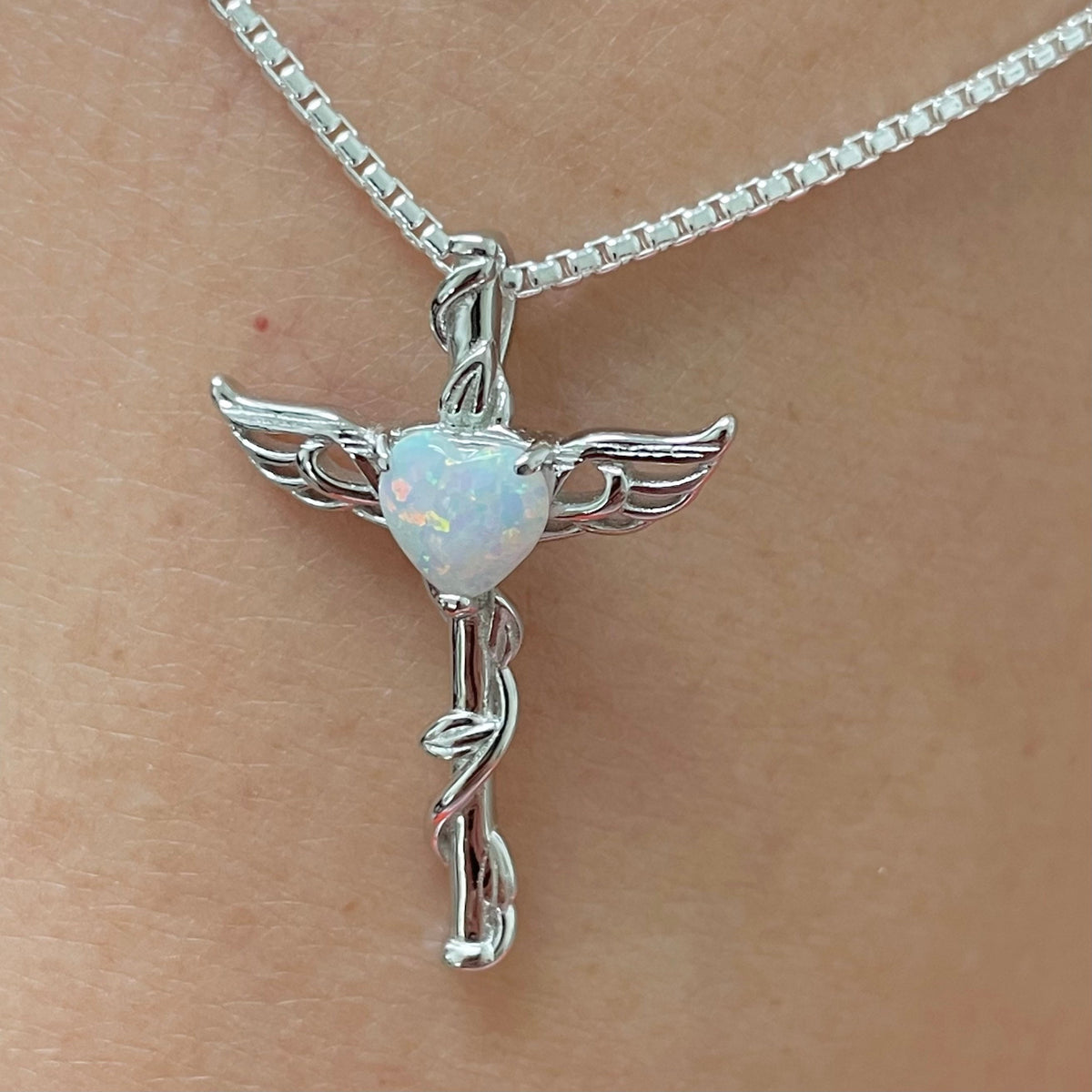 Sterling Silver Opal Heart Angel Wing Cross Necklace