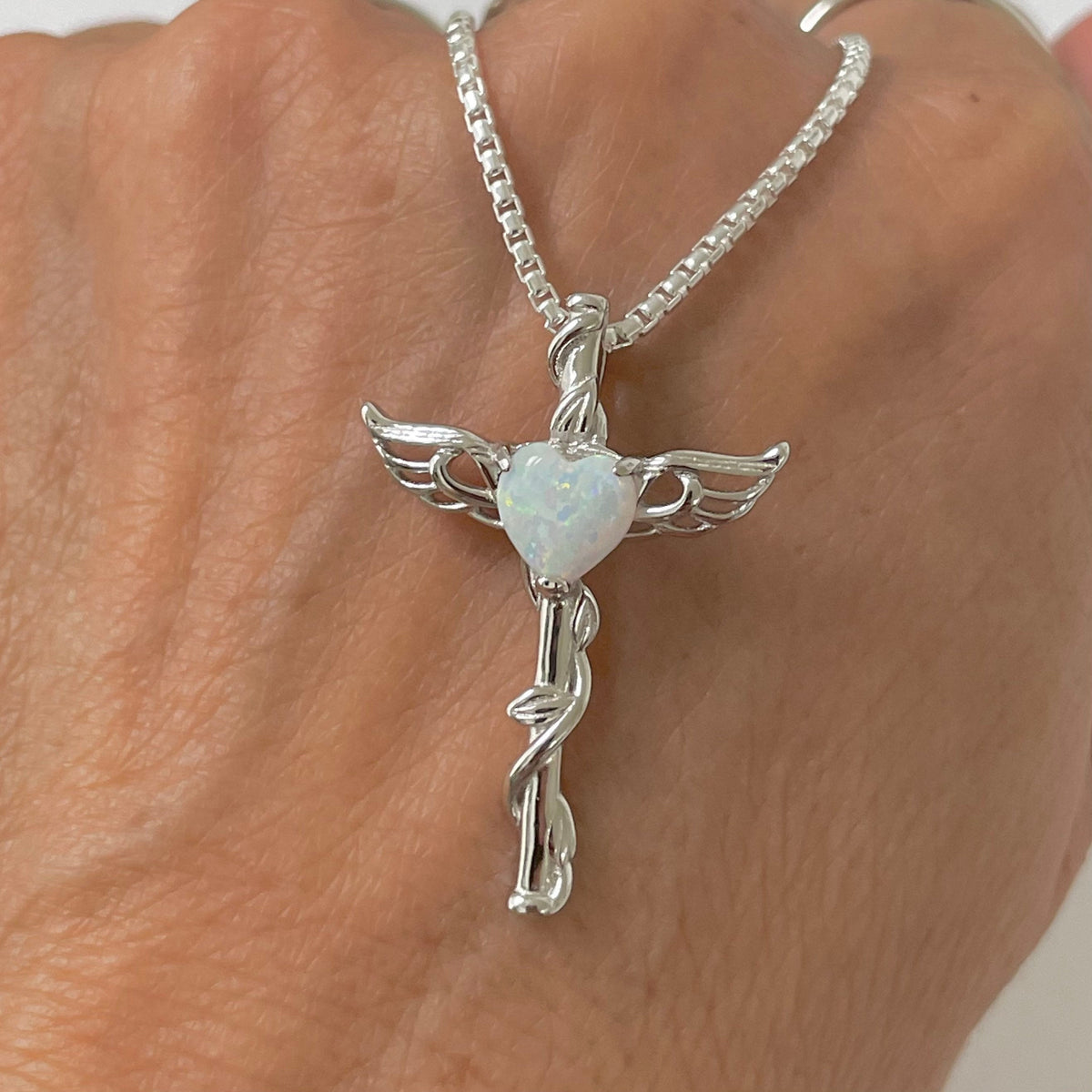 Sterling Silver Opal Heart Angel Wing Cross Necklace