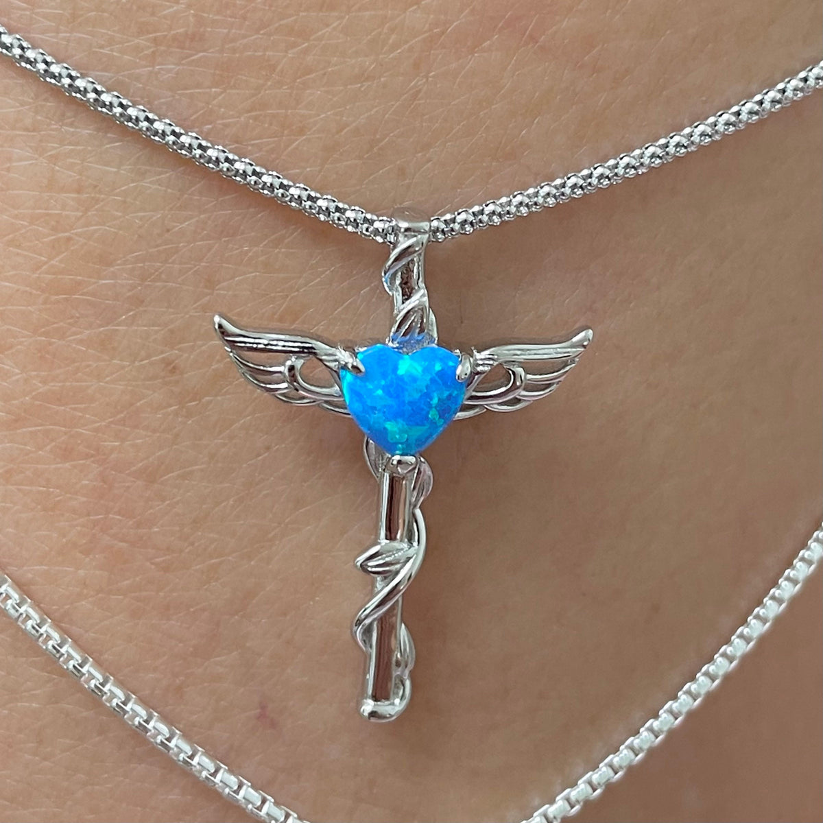 Sterling Silver Opal Heart Angel Wing Cross Necklace