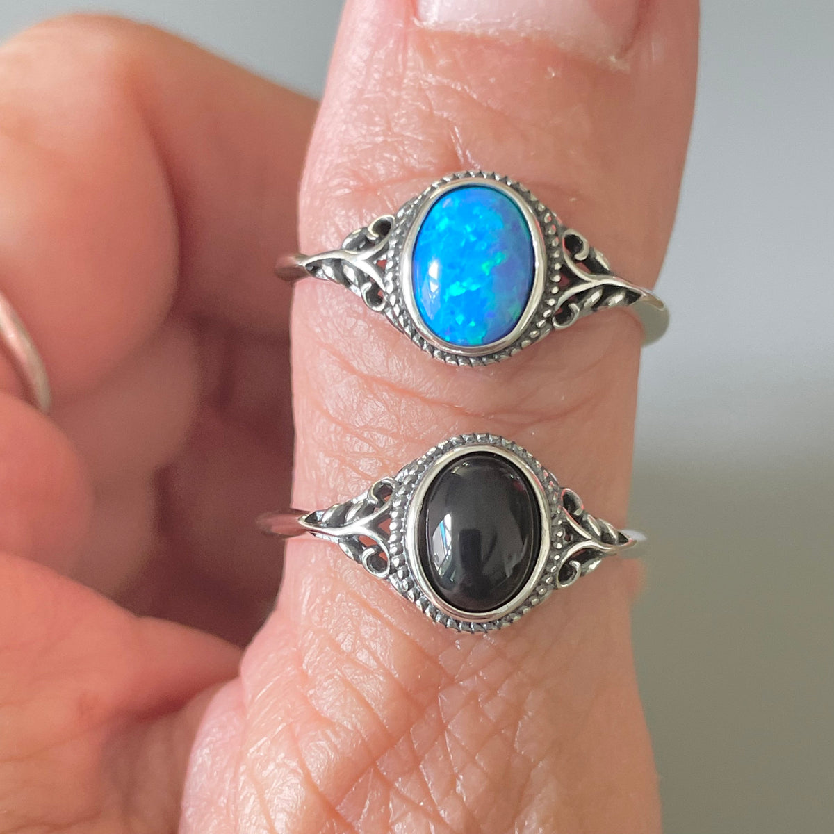 Sterling Silver Filigree Ring: Vintage Black Agate or Blue Opal