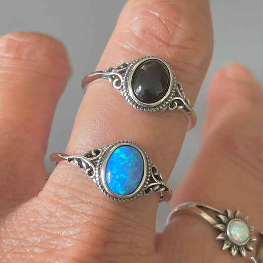 Sterling Silver Vintage Black Agate or Blue Opal Filigree Ring, Swirl Ring, Silver Ring, Black Onyx Ring, Love Ring, Opal Ring, Wedding Ring